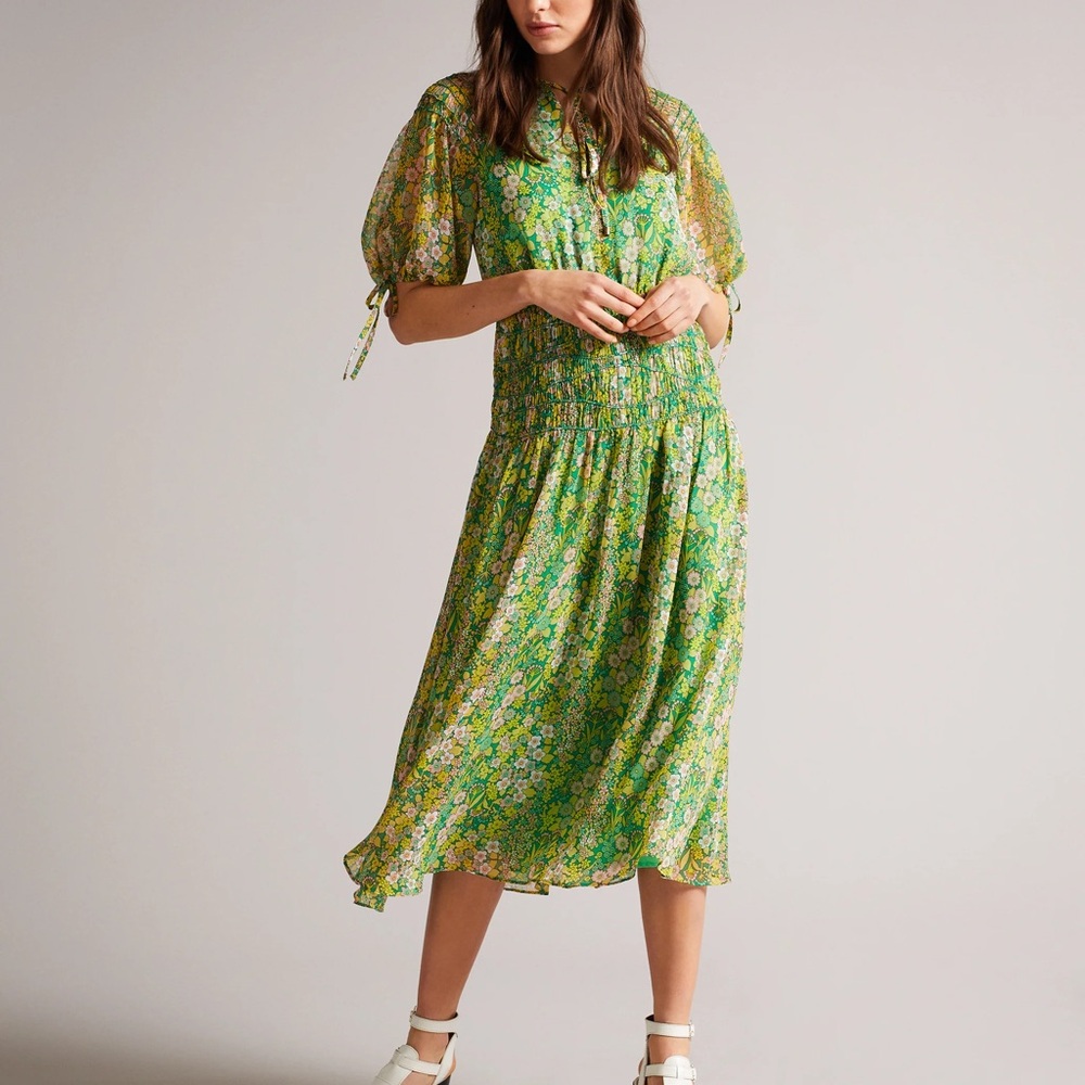 Ted Baker Green Puff Sleeve Midi Dress